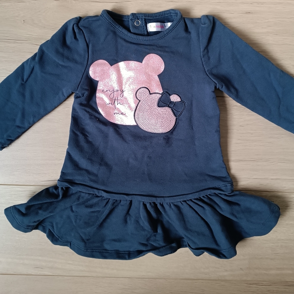Navy Blue Long Sleeve Dress with Pink Bear Design